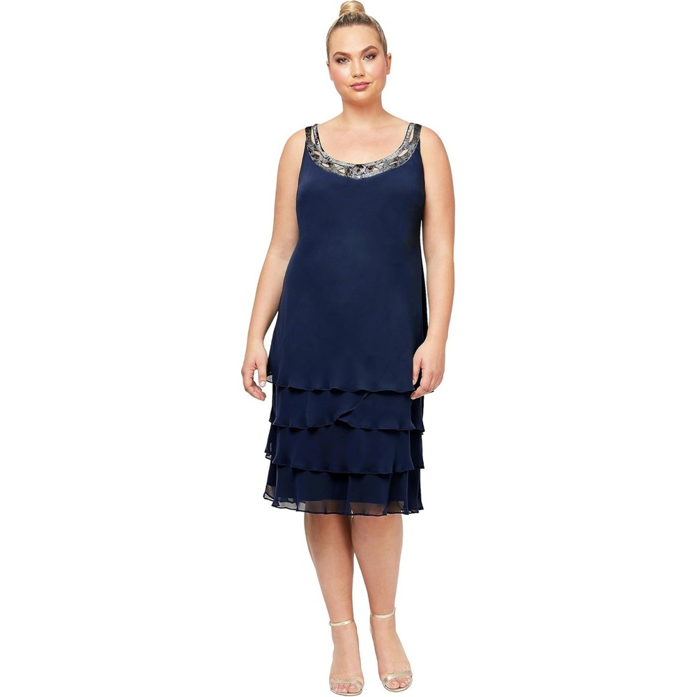 S L Fashions Women's Blue Scoop Neck Sleeveless Shift Dress Size 16